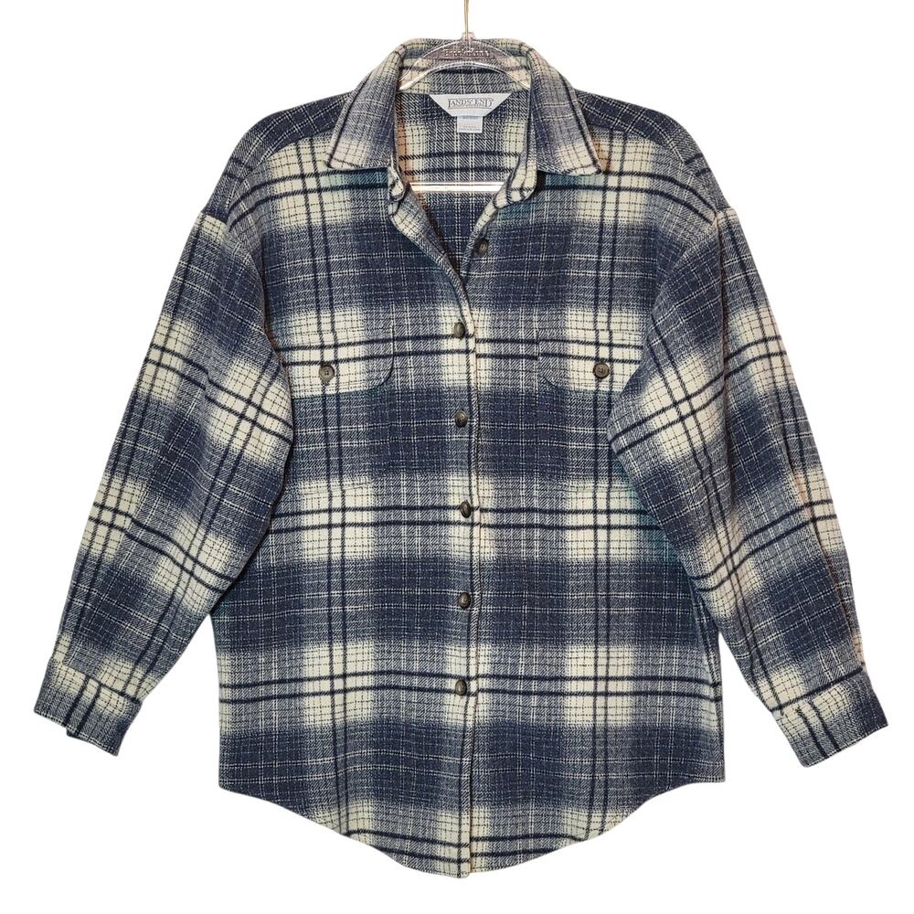 Lands' End Wool Blend Plaid Shacket Button Down Shirt Blue White S Classic